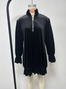 Retro velvet zip mock neck long sleeve ruffled hem dress for women, black winter apparel.