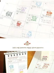 Detailed view of cute cat wooden stamps and ink pad set, perfect for diary and planner decoration.