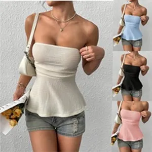 Women solid color strapless tube top casual sleeveless summer peplum slim fit chic shirt