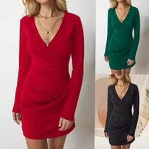 Close-up detail of women's long sleeve V-neck wrap dress showing elegant slim fit design.
