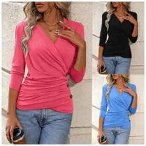Women V-neck wrap top solid color slim fit long sleeve blouse with side buttons detail