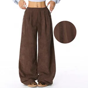 Women brown corduroy wide leg pants high waist casual trousers fashion comfortable daily wear