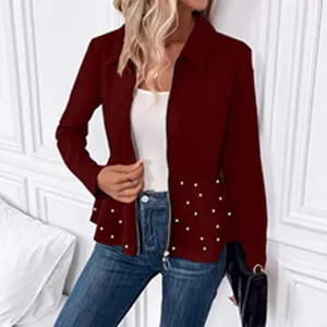 Women burgundy zip-up jacket with pearl hem, elegant long sleeve fashion outerwear for daily wear.