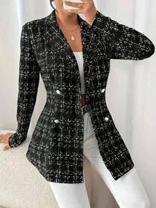 Klassischer schwarz-weißer Tweed-Blazer für Damen, tailliertes Zweireiher-Design für das Büro.