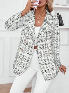 Damen Schwarz Weiß Kariert Zweireihig Tweed Blazer Elegante Büro Dame Langarm Anzug Jacke