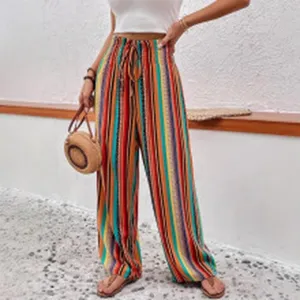 Women's boho striped high waist wide leg pants casual drawstring trousers for summer