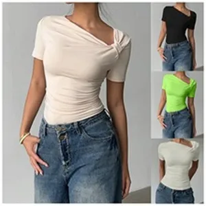 Women's stylish asymmetric one shoulder slim fit short sleeve knit top casual t-shirt