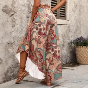 Bohemian paisley print high waist wide leg pants for women, stylish resort casual trousers.