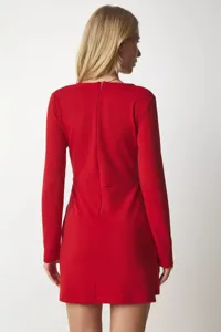 Sexy robe courte rouge manches longues taille haute slim avec fermeture éclair dos