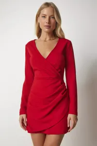Robe rouge sexy à col en V profond, manches longues taille haute, mode femme automne hiver.