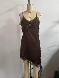 Dark brown lace camisole top, elegant floral trim, silky satin fabric, sexy slip dress style.