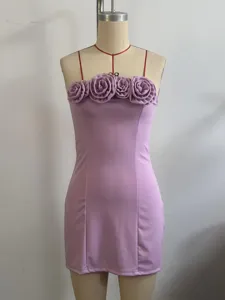 Purple strapless mini dress with stunning 3D floral rosette bust design for summer wear.