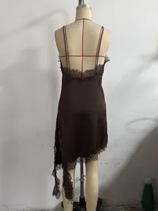 Brown satin lace slip camisole top detail view showing elegant back design and trim.