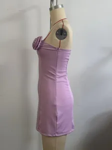 Purple strapless mini dress with 3D flower for women, elegant summer sexy party outfit.