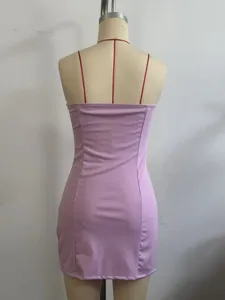 Purple spaghetti strap bodycon mini dress detail view, showing slim fit and strapless design.