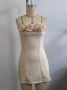 Detail view of chic 3d floral strapless bodycon mini dress, stylish summer party clubwear.