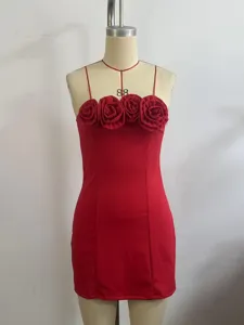 Red 3D rose bust detail strapless mini dress, sexy slim fit close-up product view.