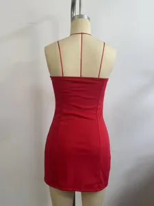 Red sexy spaghetti strap mini dress summer slim fit short dress back view detail display.