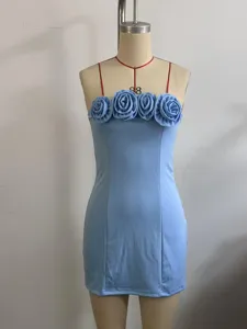 Light blue 3D floral strapless mini dress for women, sexy slim fit party cocktail dress.