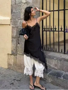 Women's Sexy Lace Patchwork Cami Top Satin Asymmetric Hem Sleeveless Tank Top Solid Color Elegant Party Clubwear Top