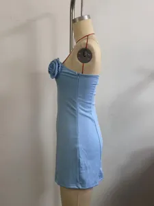 Light blue strapless mini dress with 3D rose flower detail, slim fit summer dress for women