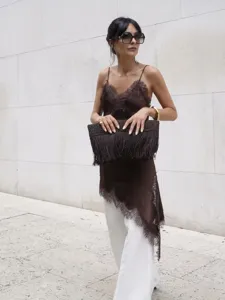 European style women fashion sexy lace satin camisole top brown asymmetric hem streetwear