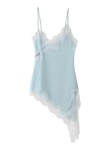Fashion Women Sexy Asymmetrical Lace Camisole Light Blue V-Neck Cami Tank Top Summer