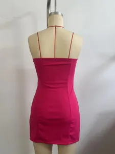 Pink strapless bodycon short dress detail showcasing back thin straps design and slim fit.