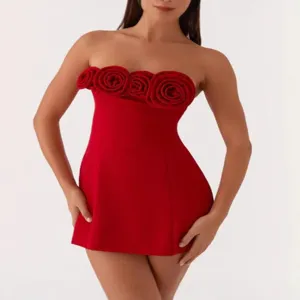 Sexy strapless mini dress for women featuring 3D floral bust design, slim fit summer style.