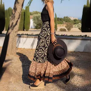 Damen Sommer Boho geometrischer Druck Maxirock lässiger hoher Bund langer schwingender Rock