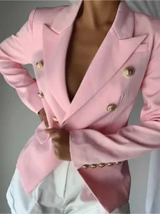 Blazer Rosa de Doble Botonadura Mujer Elegante Entallado Chaqueta con Botones
