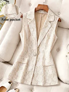 Women Elegant Apricot Lace Suit Vest Lapel Pearl Button Sleeveless Waistcoat Jacket