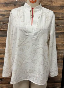 Mπεζ μπλούζα V-neck μακρυμάνικη με λουλούδια, κομψό γυναικείο τοπ λεπτομερής άποψη.