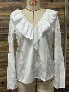 Women white long sleeve V-neck ruffle blouse slim fit floral pattern elegant casual top