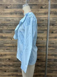 Light blue long sleeve V-neck blouse detail, elegant floral texture and ruffle trim design.