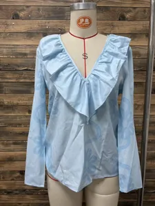 Chic long sleeve v-neck ruffle blouse for women, elegant slim fit casual top daily wear.