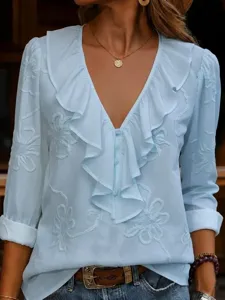 Light blue long sleeve V-neck ruffle blouse with delicate floral embroidery details for women.