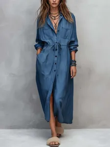Women Long Sleeve Denim Shirt Dress Casual Drawstring Waist Maxi Dress Spring Autumn