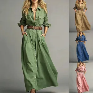 Detailed view of the long sleeve button-down maxi shirt dress featuring a stylish belt.