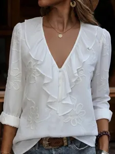 Women long sleeve V-neck solid ruffle blouse elegant slim fit casual chic top for daily wear