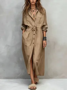Casual long sleeve button down shirt dress with adjustable drawstring waist for women fashion.