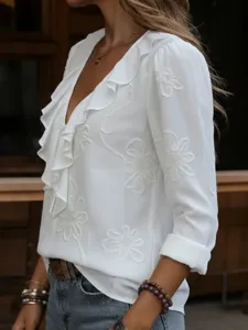 Women Elegant White V-Neck Long Sleeve Ruffle Floral Embroidered Casual Blouse Top