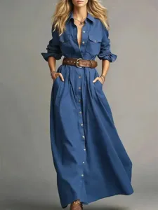 Details of the women's long sleeve solid shirt dress with belt and buttons for daily wear.
