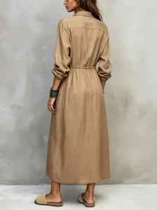 Khaki long sleeve button shirt dress with drawstring waist, casual elegant maxi dress for women.