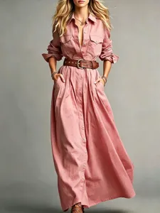 Solid color long sleeve button up maxi shirt dress for women with belt, elegant casual apparel.