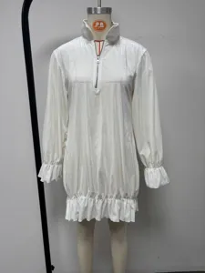 White velvet long sleeve detail of the vintage stand collar dress with ruffle cuffs.