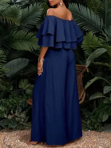 Dunkelblaue schulterfreie Rüschen-Crop-Top und High-Waist-Weitbein-Hose Urlaub Zweiteiler.