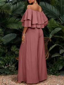 Schickes schulterfreies Rüschen-Crop-Top und hochtaillierte weite Hosen im Set für Damen.