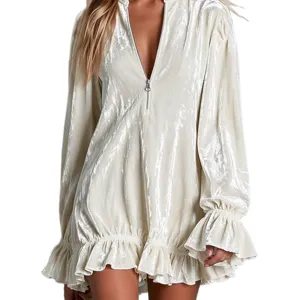 Vintage velvet zip stand collar flare long sleeve loose mini dress for women main view