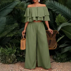 Damen Polyester Schulterfrei Volant Crop Top Und Hohe Taille Weites Bein Hose Set Einfarbig Resort Wear Urlaub Outfit